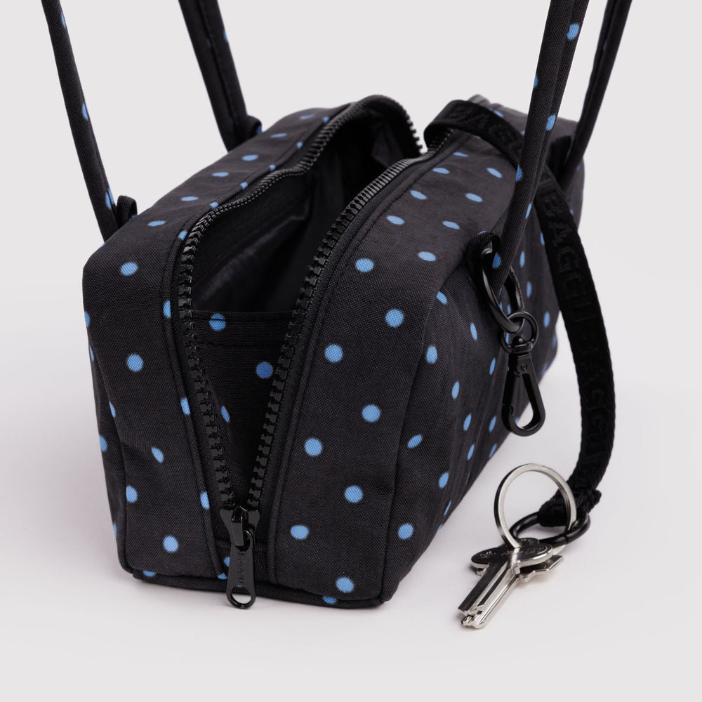 Small Nylon Bowler Bag Black and Sky Blue Micro Dot