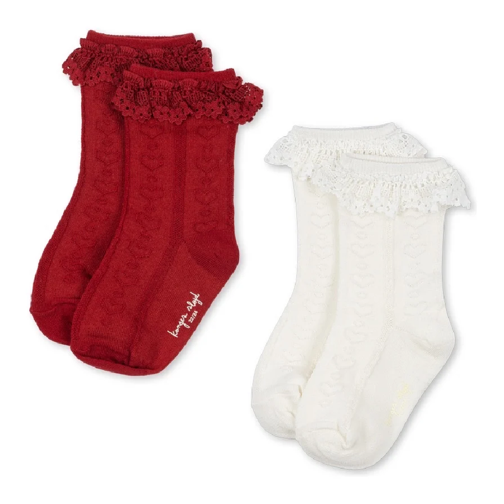2 Pack Pointelle Frill Socks Red/Off White