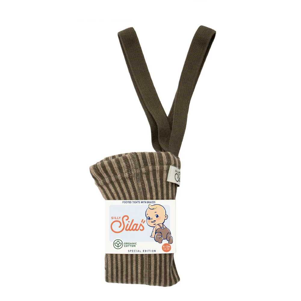 Footed Cotton Tights Seeweed Brown x Peanut Stripe