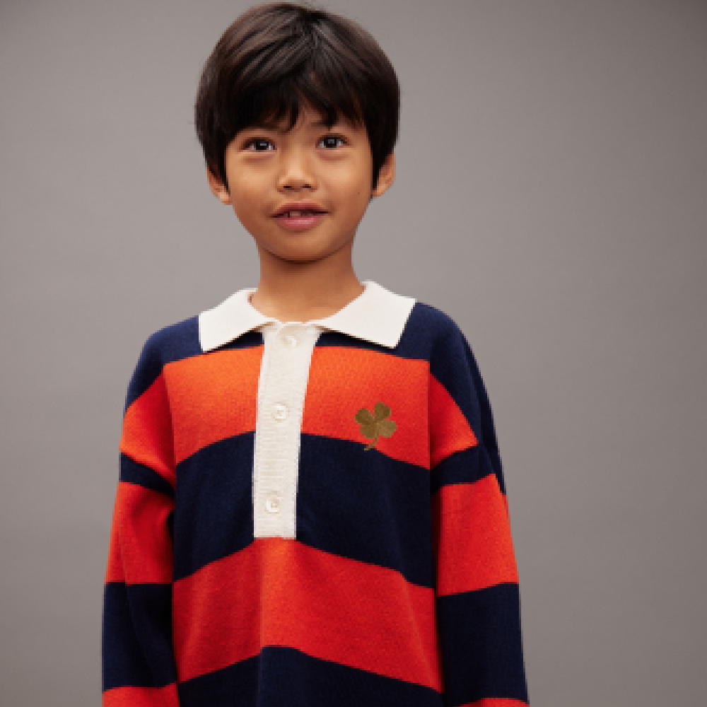 Clover Embroidered Knitted Rugby Sweater - Red