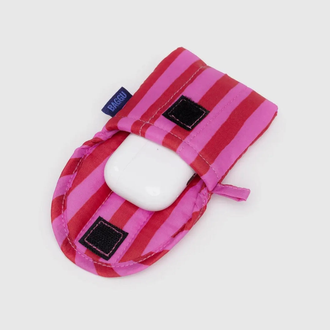 Puffy Earbuds Case Pink & Red Stripe
