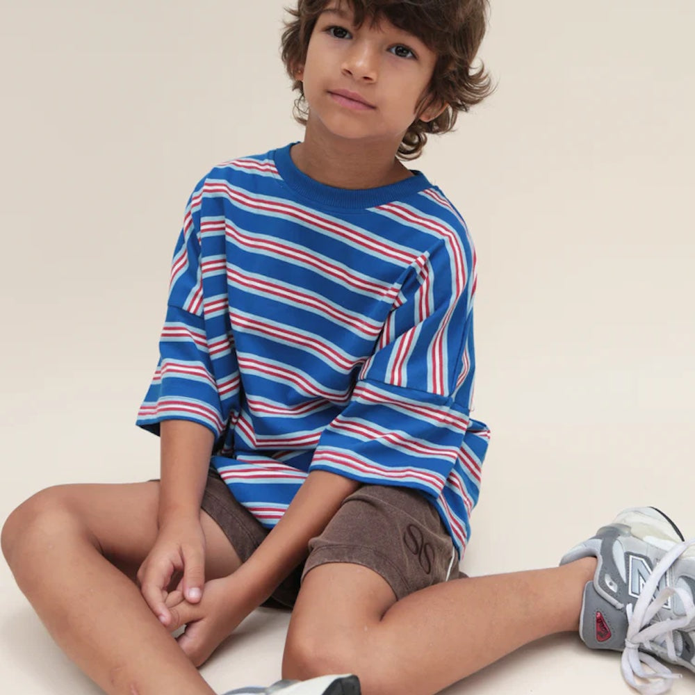 Oversized Tee Blue Red Stripe