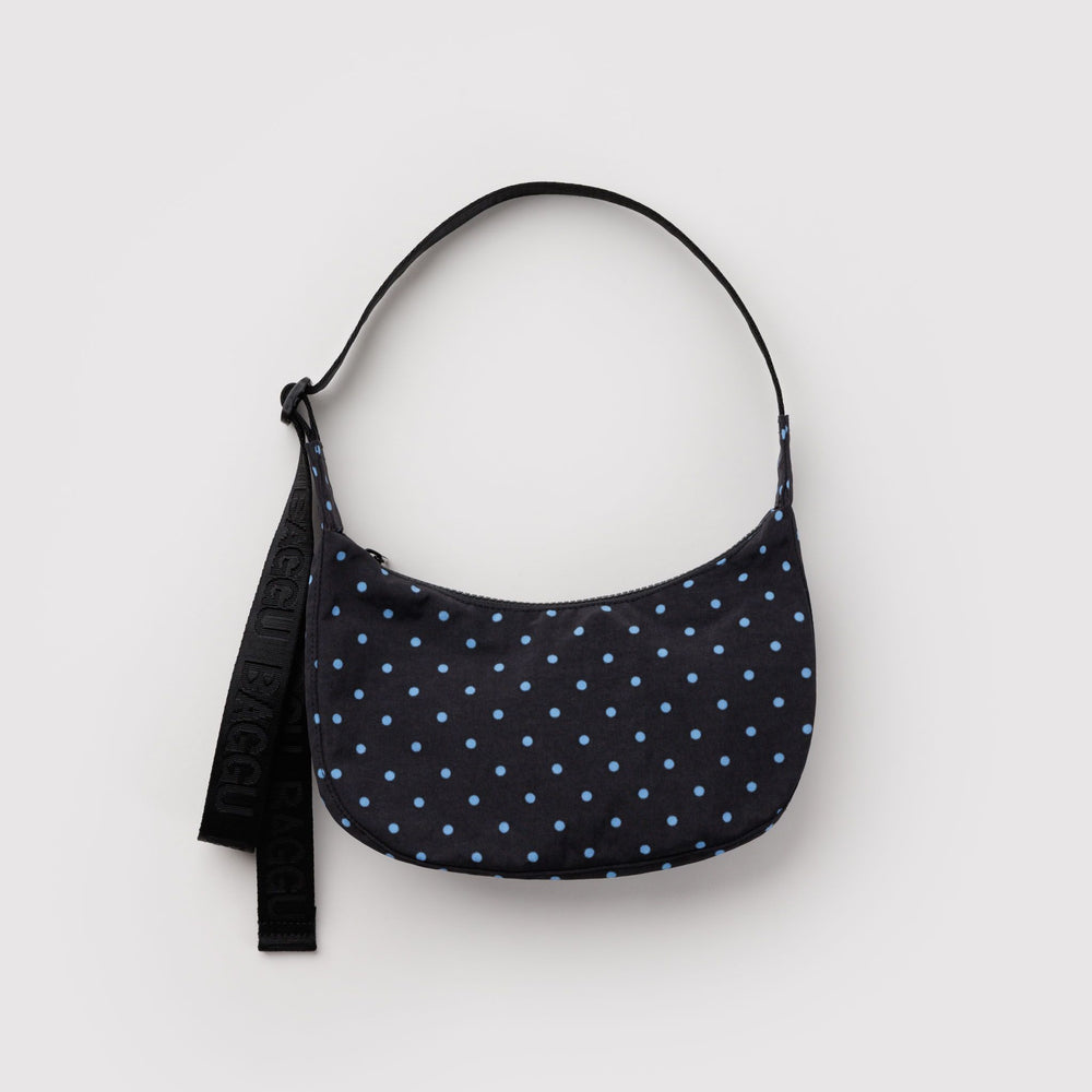 Small Nylon Crescent Bag Black and Sky Blue Micro Dot