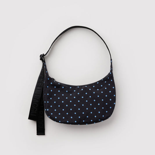 Small Nylon Crescent Bag Black and Sky Blue Micro Dot
