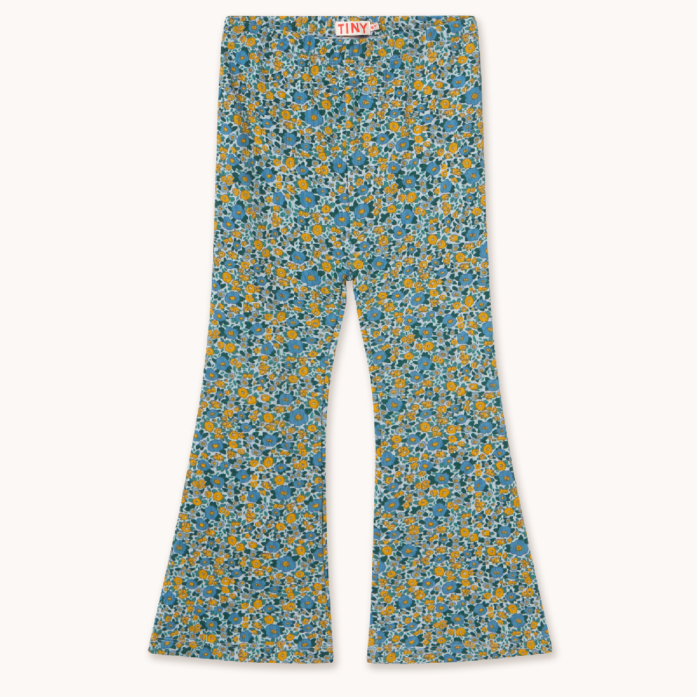 Flower Pattern Rib Pant Washed Blue