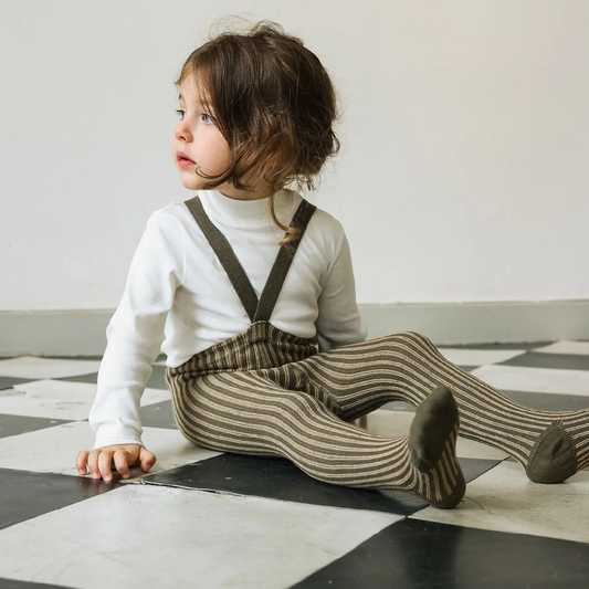 Footed Cotton Tights Seeweed Brown x Peanut Stripe