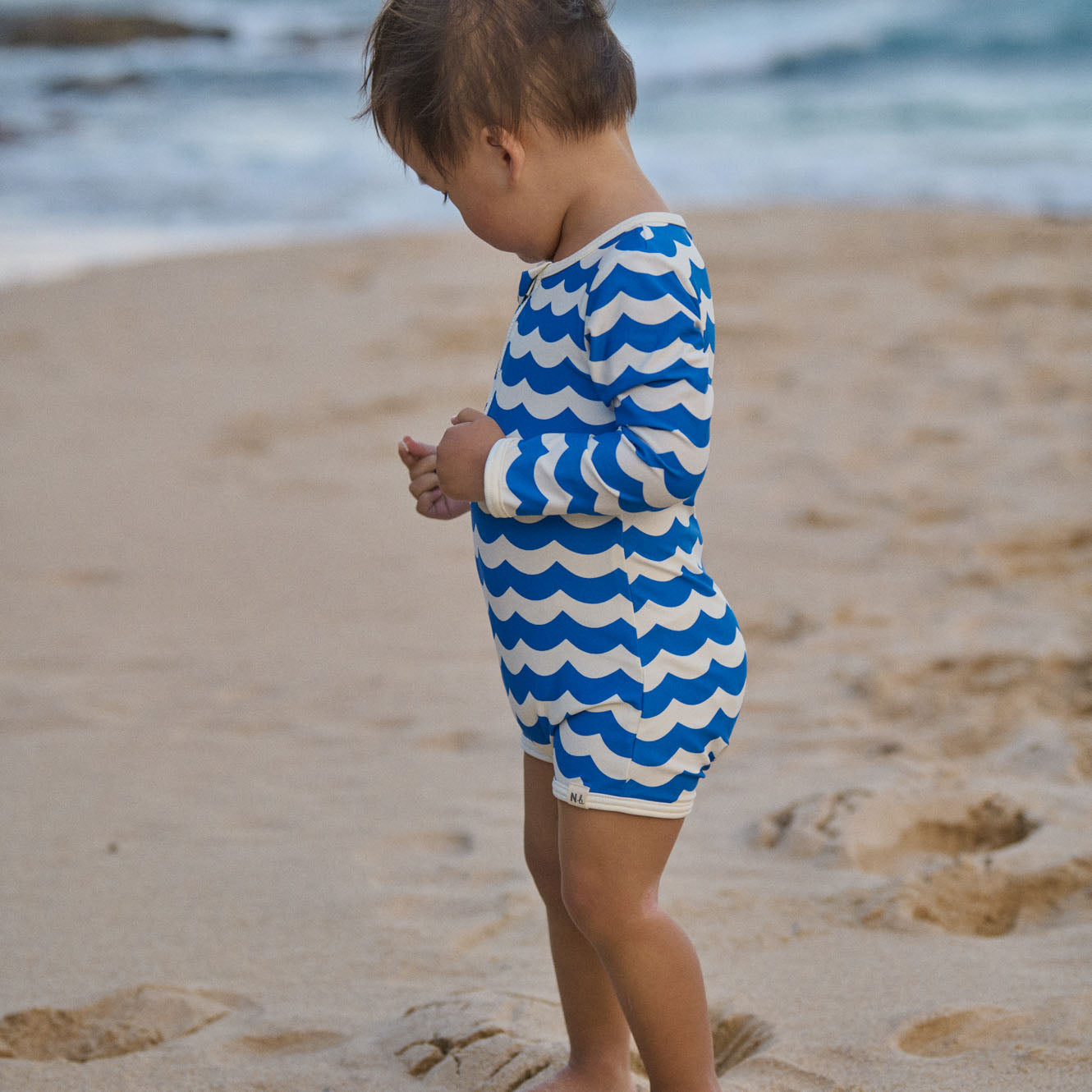 One Piece Bathing Trunks, Waves Blue Print hover