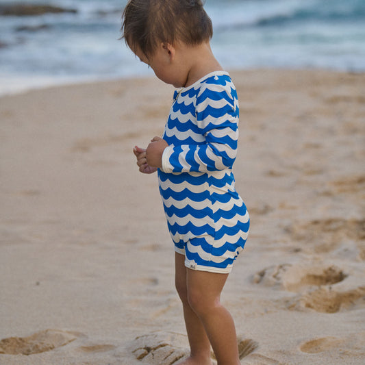 One Piece Bathing Trunks, Waves Blue Print hover