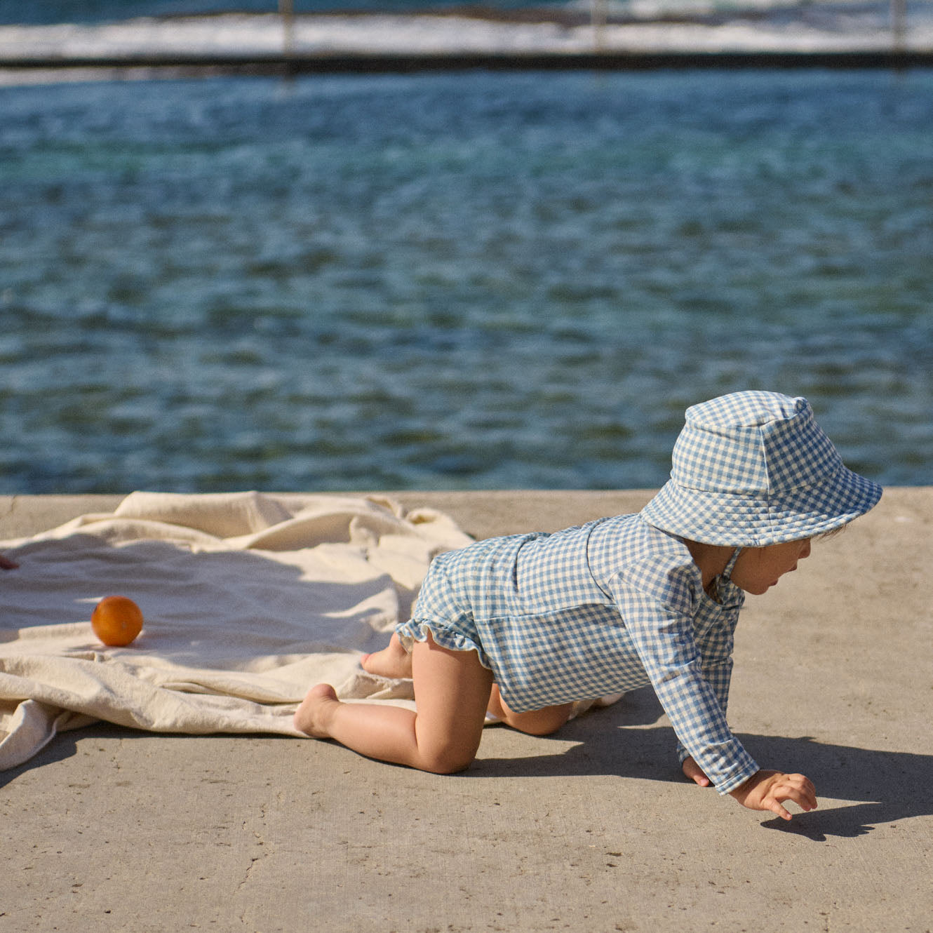 Ruffle Swim Shorts, Blue Gingham detail