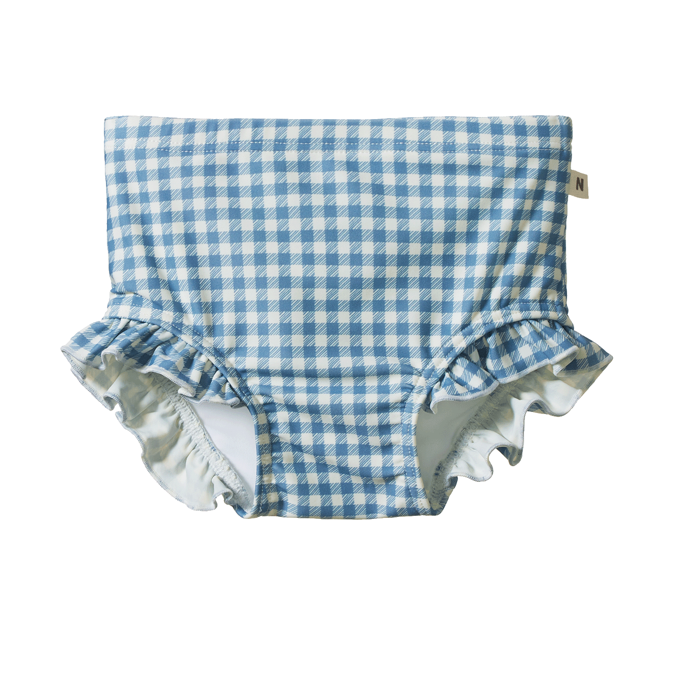 Ruffle Swim Shorts, Blue Gingham