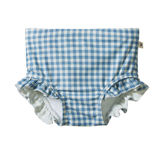 Ruffle Swim Shorts, Blue Gingham