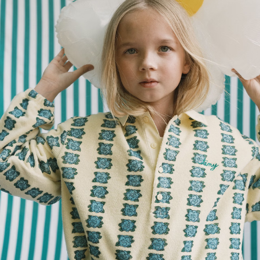 Blue Flowers Polo Sleeve Tee Dusty Yellow