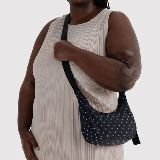 Small Nylon Crescent Bag Black and Sky Blue Micro Dot