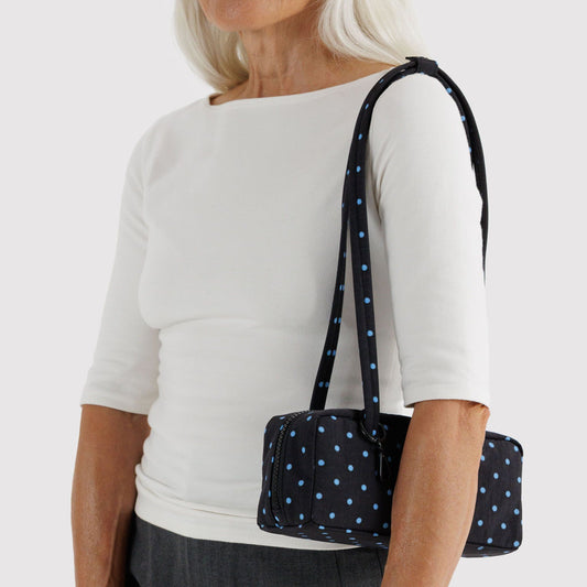 Small Nylon Bowler Bag Black and Sky Blue Micro Dot
