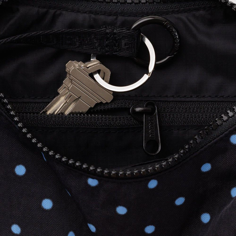 Small Nylon Crescent Bag Black and Sky Blue Micro Dot