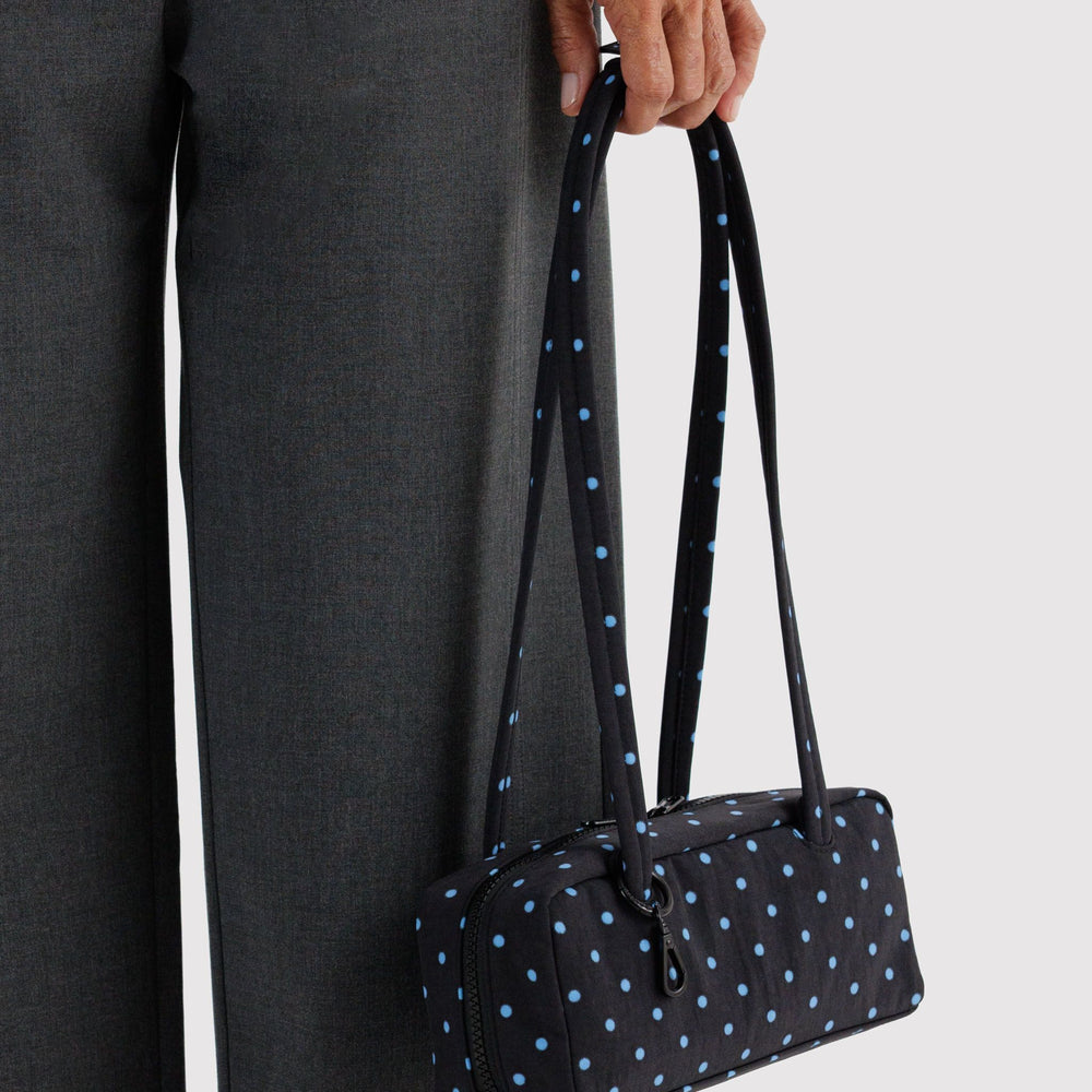 Small Nylon Bowler Bag Black and Sky Blue Micro Dot