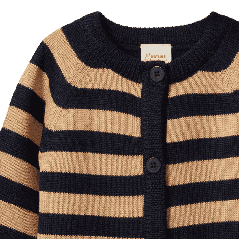 Merino Knit Cardigan Navy/Caramel Stripe