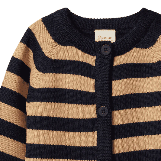 Merino Knit Cardigan Navy/Caramel Stripe