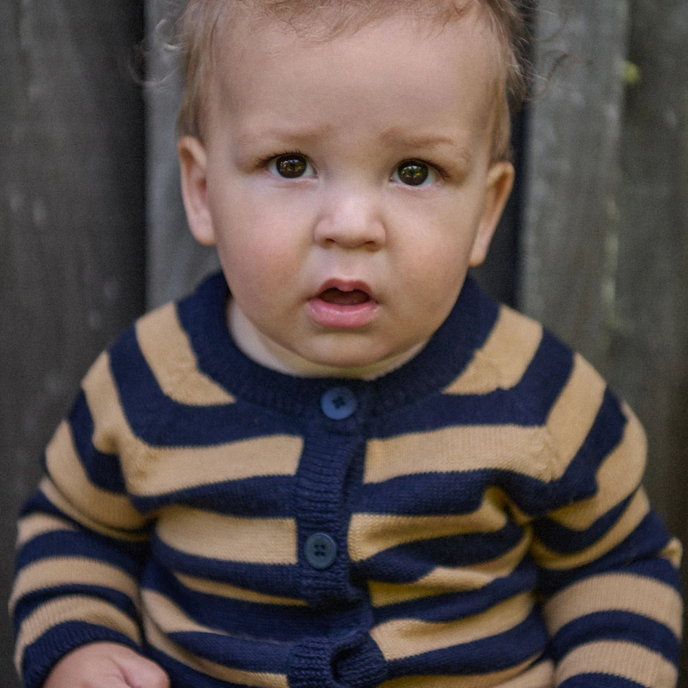 Merino Knit Cardigan Navy/Caramel Stripe