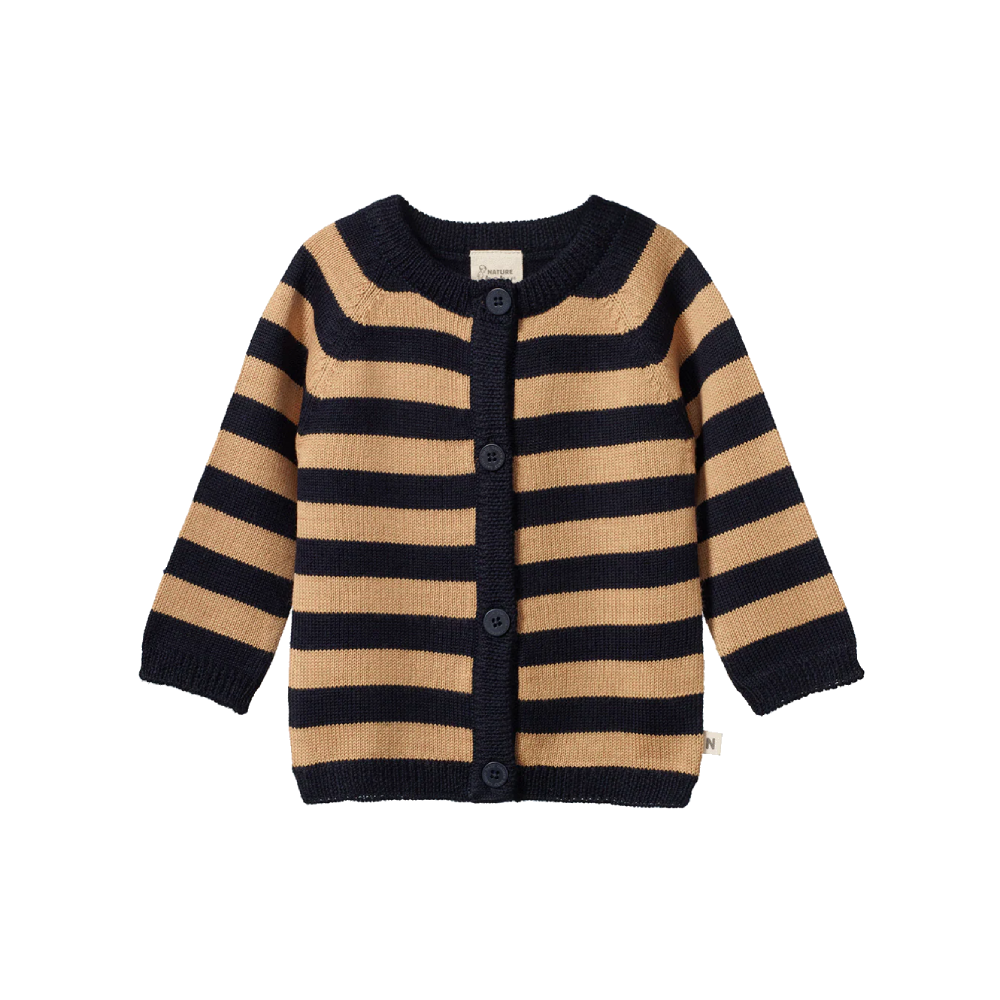 Merino Knit Cardigan Navy/Caramel Stripe
