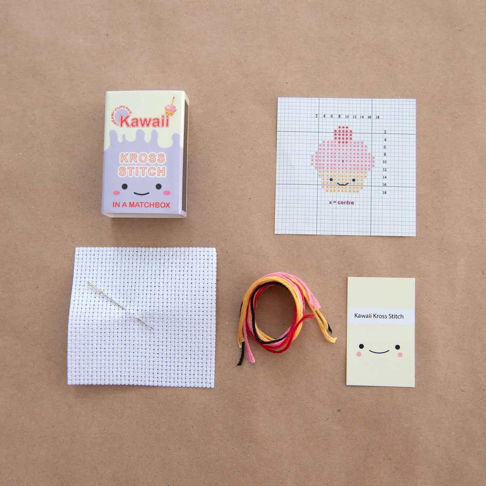Kawaii Cupcake Mini Cross Stitch Kit in a Matchbox
