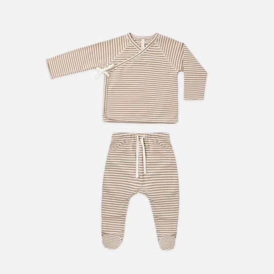 Wrap Top + Footed Pant Set Almond Stripe