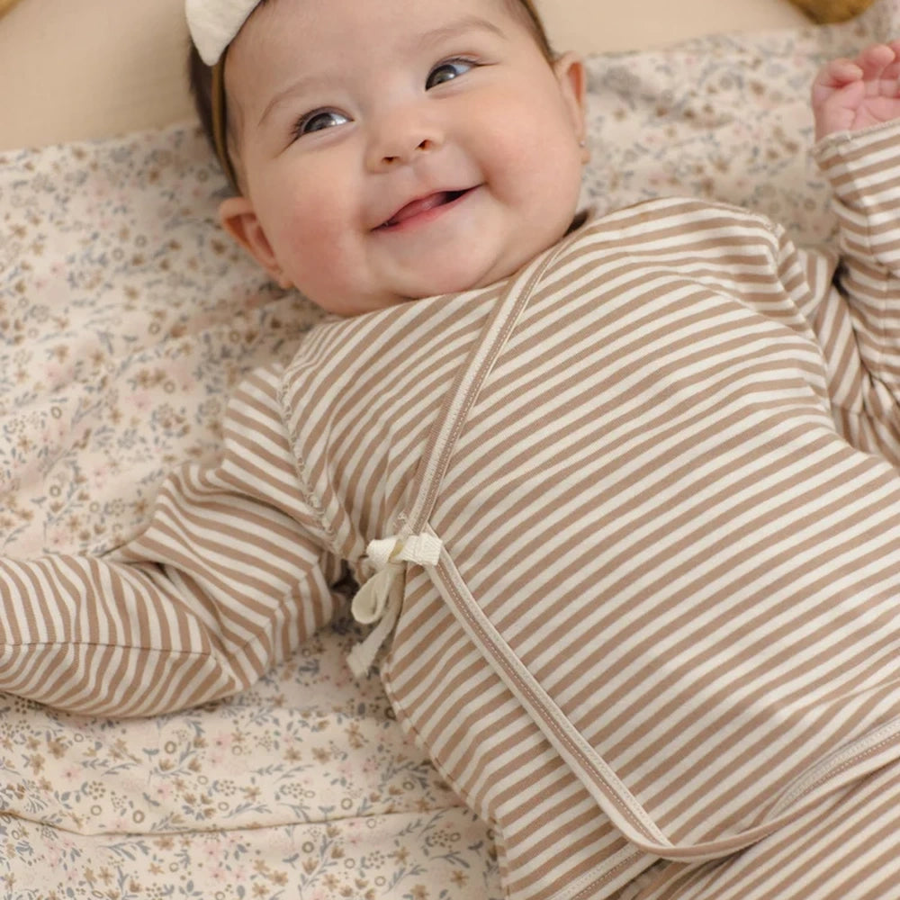 Wrap Top + Footed Pant Set Almond Stripe