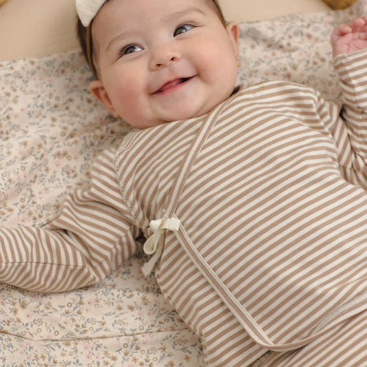 Wrap Top + Footed Pant Set Almond Stripe