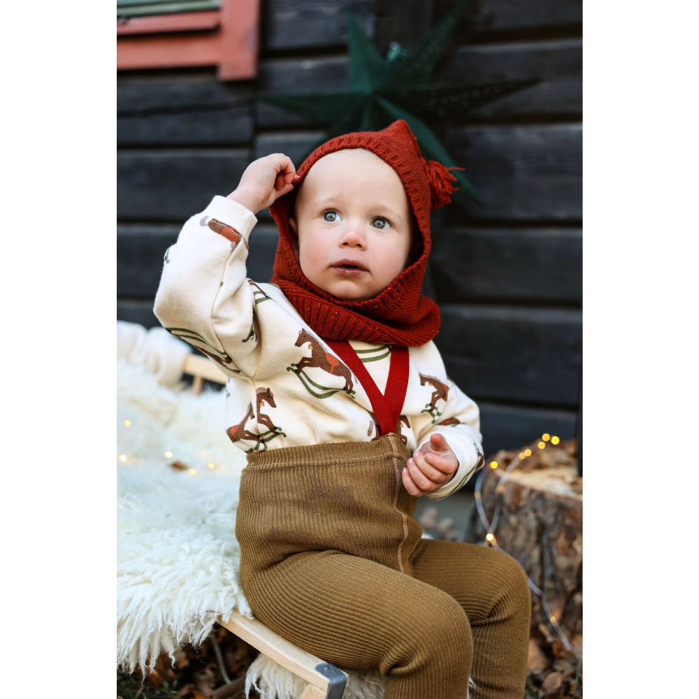 Footed Cotton Tights Acorn Brown With Maple Leaf
