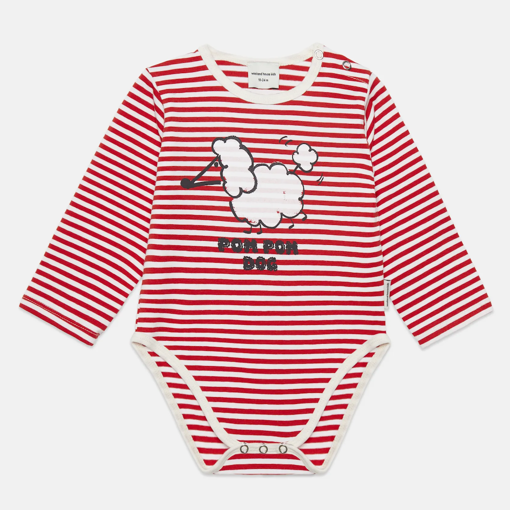 Pom Pom Dog Stripes Baby Body - Red