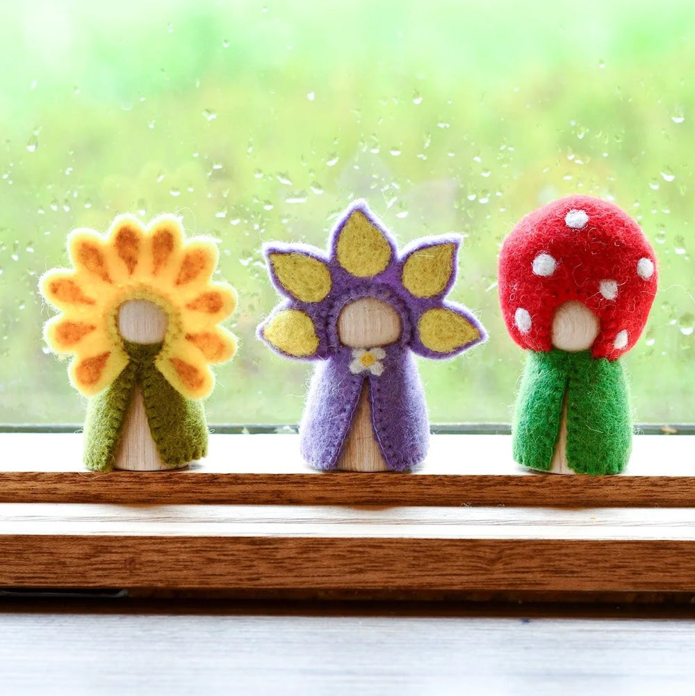 Floral Peg Dolls  Set - Sunflower, Iris + Toadstool