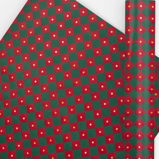 Wrapping Paper 10m Checkerboard Dark Green Red - Store Pick Up Only